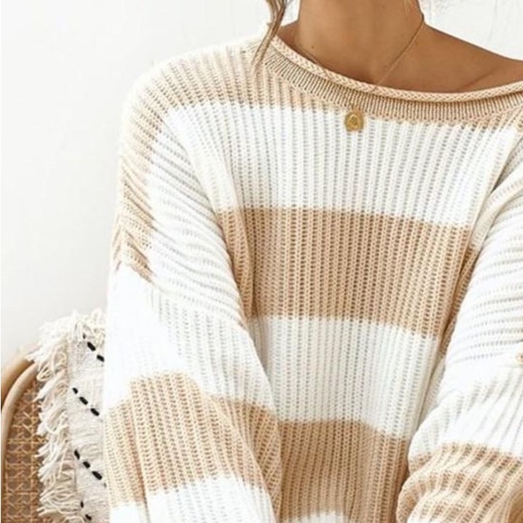 New Beige Textured Stripe Sweater - Picture 5 of 7